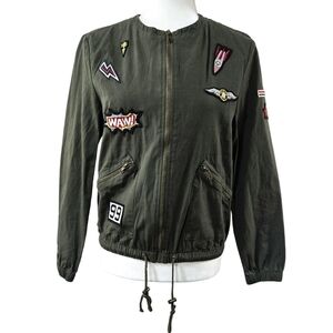 Freebird 100% Cotton Olive Green Embroidered Patch Bomber Jacket Y2K Look
